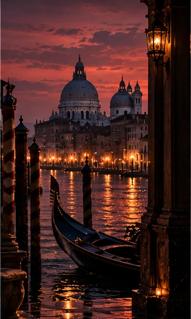 A domed basilica and a gondola on a Venetian canal at night
