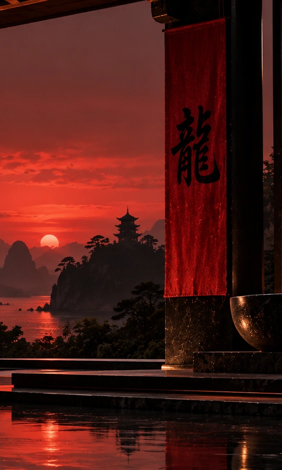 A pavilion with red lanterns and misty mountains