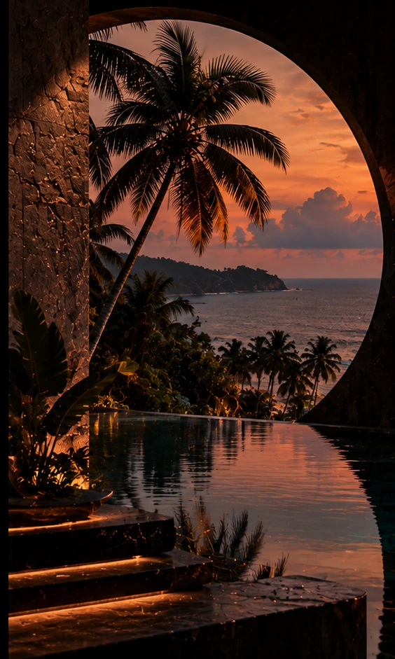 A terrace with palm trees over the sea at sunset